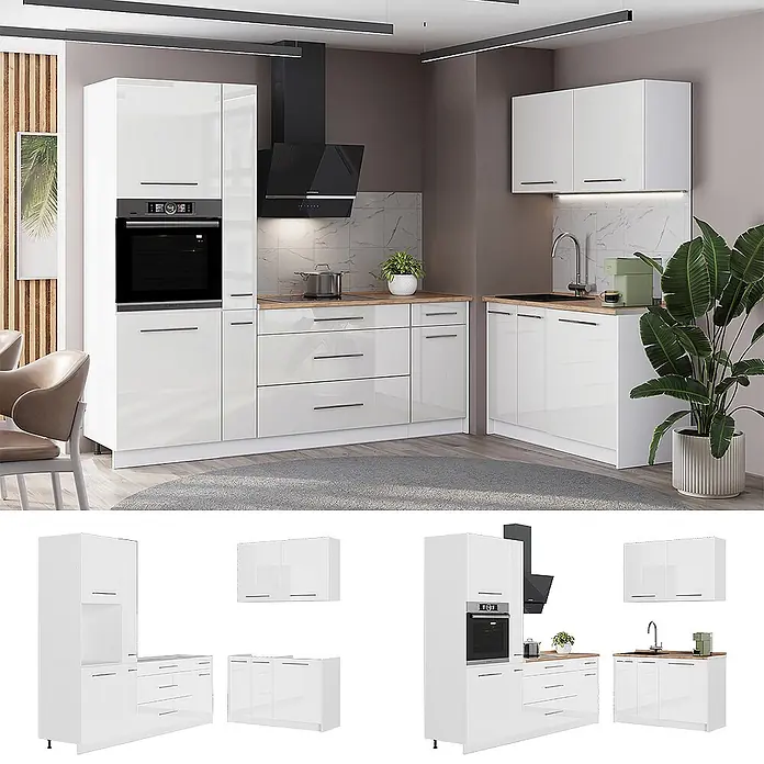 Vicco Eckküche - Weiß Hochglanz, Ohne Elektrogeräte - Moderne weiße Hochglanz-Küchenzeile mit integriertem Backofen, Kochfeld und Spüle, in zeitgemäßem Interieur dargestellt.