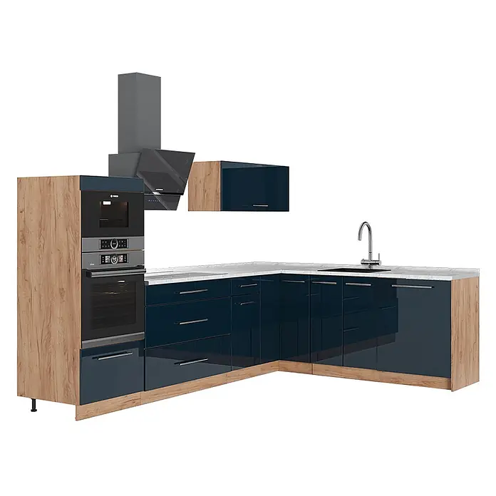 Vicco Eckküche - B x T: 287 x 60 cm, Dunkelblau Hochglanz, Ohne Elektrogeräte - Moderne Eckküche mit dunkelblauen Hochglanzfronten, Holzoptik-Elementen, weißer Arbeitsplatte und Einbaugeräten.