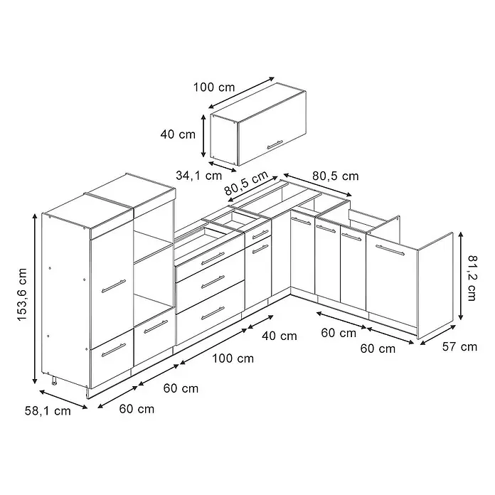 Vicco Eckküche - B x T: 347 x 51,6 cm, Anthrazit-Gold Landhaus, Ohne Elektrogeräte - Eine Strichzeichnung eines L-förmigen modularen Küchenschranks-Sets mit Unter-, Hoch- und Oberschränken, die verschiedene Abmessungen zeigt.