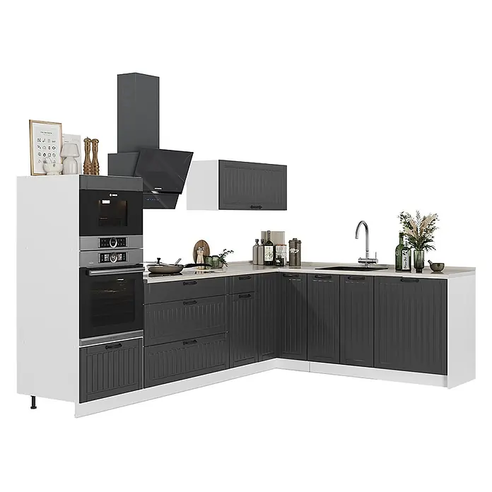 Vicco Eckküche - B x T: 287 x 51,6 cm, Dunkelgrau, Ohne Elektrogeräte - L-förmige Küchenzeile mit dunkelgrauen gerippten Fronten, weißer Arbeitsplatte, integriertem Backofen, Mikrowelle und Spüle.