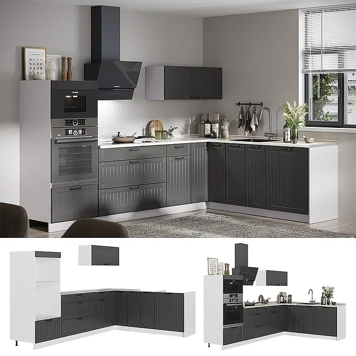 Vicco Eckküche - B x T: 287 x 51,6 cm, Dunkelgrau, Ohne Elektrogeräte - Moderne L-Küche mit dunkelgrauen geriffelten Schränken, weißen Arbeitsplatten und integrierten Geräten.