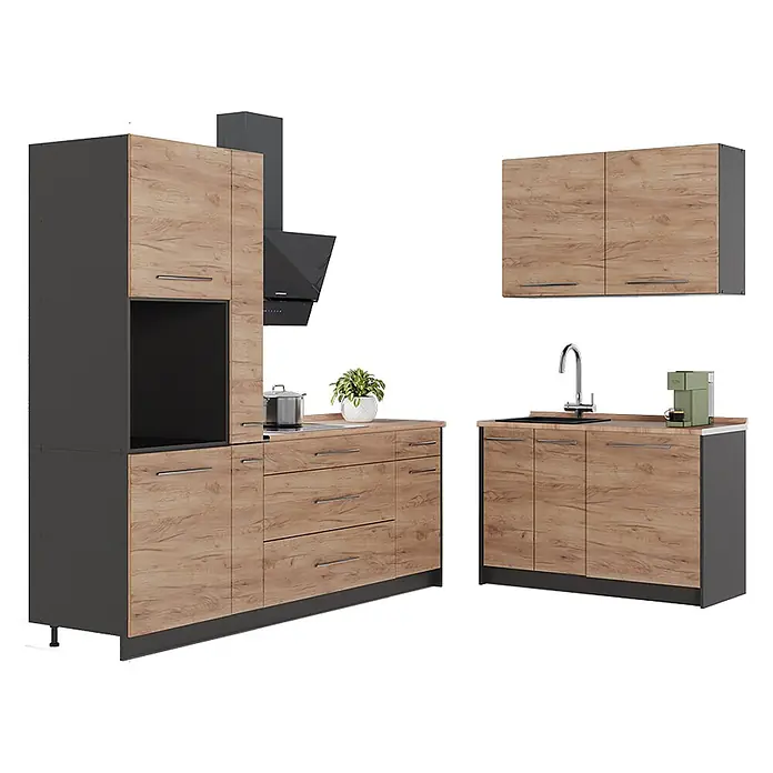 Vicco Eckküche - B x T: 220 x 60 cm, Goldkraft Eiche, Ohne Elektrogeräte - Moderne Küchenzeile mit hellen Holzmaserungsfronten und dunkelgrauen Rahmen, bestehend aus Hochschrank, Kochfeldunterschrank mit Dunstabzug und Spülenschrank mit Hängeschrank.