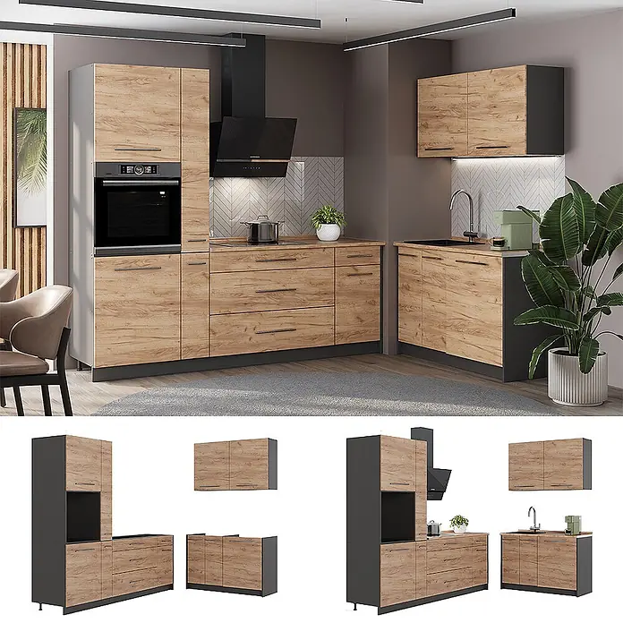 Vicco Eckküche - B x T: 220 x 60 cm, Goldkraft Eiche, Ohne Elektrogeräte - Modulare Küchenmöbel mit hellen Holzfronten und dunkelgrauen Elementen, inklusive Backofen, Kochfeld und Spüle.