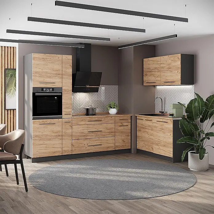 Vicco Eckküche - B x T: 220 x 60 cm, Goldkraft Eiche, Ohne Elektrogeräte - Moderne L-förmige Küche mit Holzoptik-Schränken, dunkelgrauen Akzenten, integriertem Backofen, Kochfeld und Spüle.