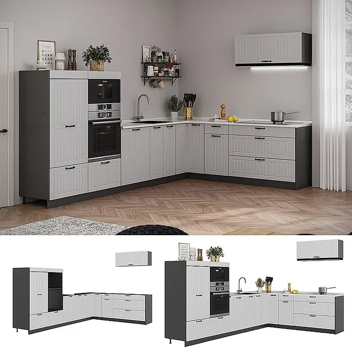 Vicco Eckküche - B x T: 327 x 60 cm, Weiß Landhaus, Ohne Elektrogeräte - L-förmige Küchenzeile mit hellgrauen geriffelten Schränken und dunkelgrauem Rahmen. Mit Ofen, Mikrowelle, Spüle und Kochfeld.