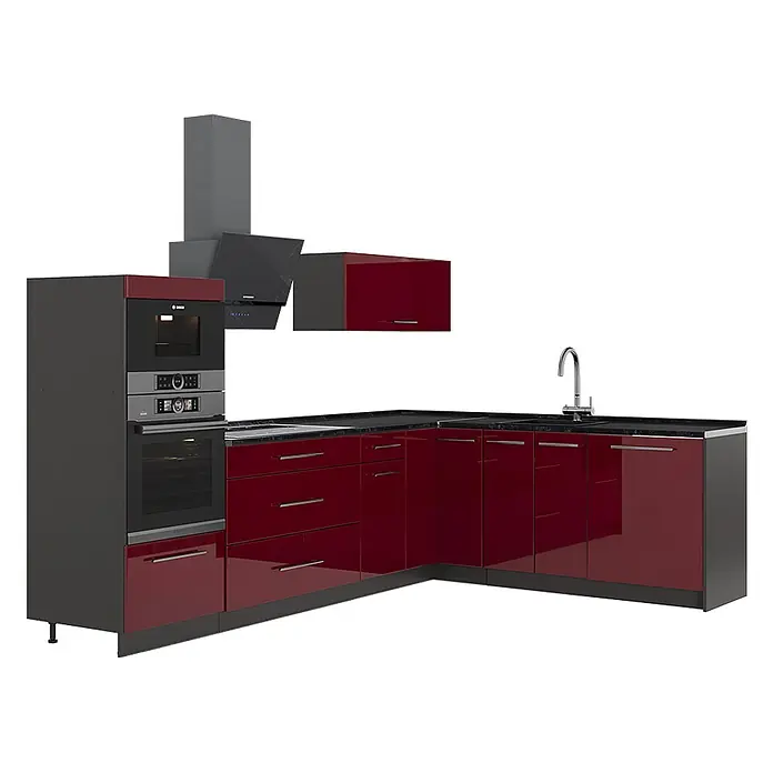 Vicco Eckküche - Bordeaux Hochglanz, Ohne Elektrogeräte - Moderne dunkelrote und graue Küchenzeile mit integriertem Backofen, Mikrowelle, Spüle und Dunstabzugshaube.