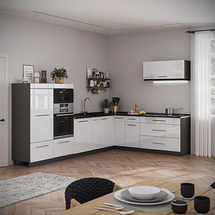 Vicco Eckküche - Weiß Hochglanz, Ohne Elektrogeräte - Moderne L-förmige Küchenzeile mit hochglänzenden weißen Schränken und dunklen Akzenten, inklusive Einbaugeräten.