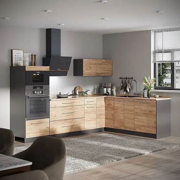 Vicco Eckküche - B x T: 287 x 60 cm, Goldkraft Eiche, Ohne Elektrogeräte - Moderne L-förmige Küche mit Unterschränken und Hängeschränken in Holzoptik, anthrazitfarbenen Akzenten, integrierten Geräten und einem Fenster.