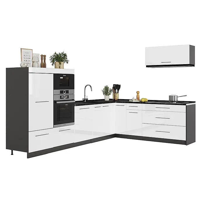 Vicco Eckküche - Weiß Hochglanz, Ohne Elektrogeräte - Moderne L-förmige Küche mit weißen Hochglanzschränken, dunklen Arbeitsplatten und integrierten Geräten.