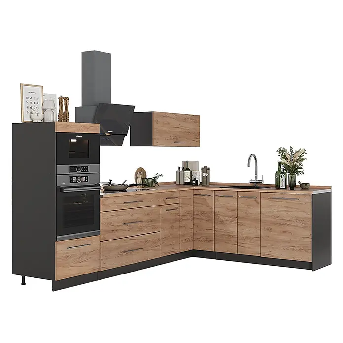 Vicco Eckküche - B x T: 287 x 60 cm, Goldkraft Eiche, Ohne Elektrogeräte - Moderne L-förmige Küche mit Holzdekorfronten, dunkelgrauem Hochschrank, integriertem Ofen, Mikrowelle und Kochfeld mit Dunstabzugshaube.
