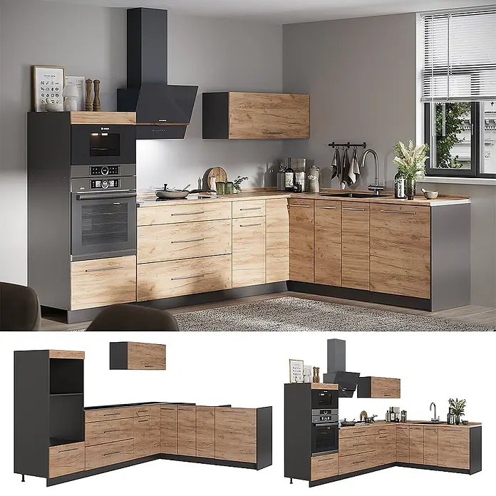 Vicco Eckküche - B x T: 287 x 60 cm, Goldkraft Eiche, Ohne Elektrogeräte - L-förmige Küchenzeile mit Eiche-Optik Holzfronten, dunkelgrauen Schränken, integrierten Geräten und heller Arbeitsplatte, in einer modernen Küche.