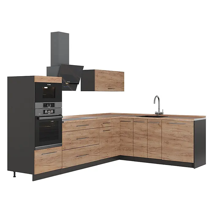 Vicco Eckküche - B x T: 287 x 60 cm, Goldkraft Eiche, Ohne Elektrogeräte - Moderne L-förmige Küche mit dunkelgrauen Rahmen, hellen Holzmaserungsfronten und integrierten schwarzen Geräten.