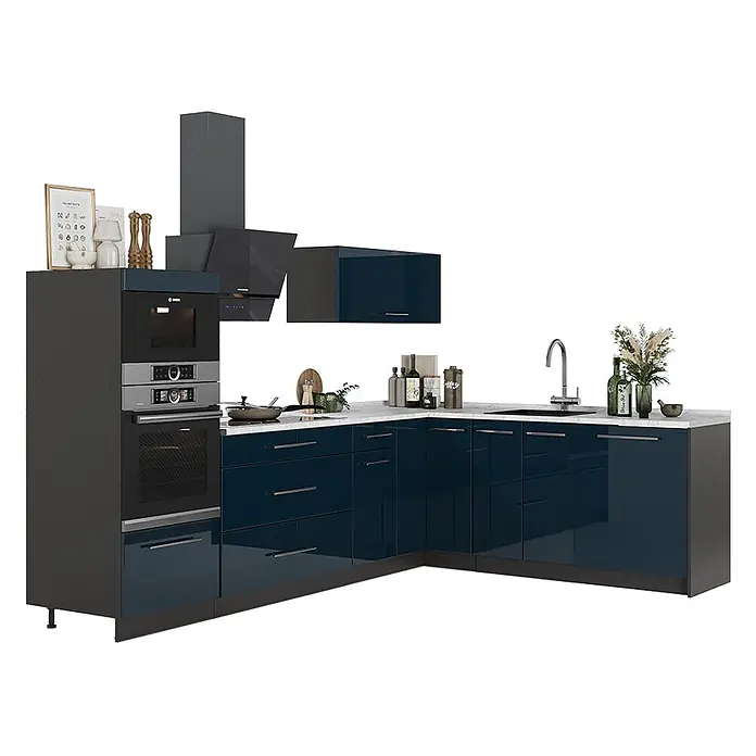 Vicco Eckküche - B x T: 287 x 60 cm, Dunkelblau Hochglanz, Ohne Elektrogeräte - Moderne L-förmige Küche: dunkelblaue Hochglanzschränke, weiße Arbeitsplatte, integrierter Ofen, Mikrowelle, Spüle, Kochfeld & dunkelgraue Dunstabzugshaube.