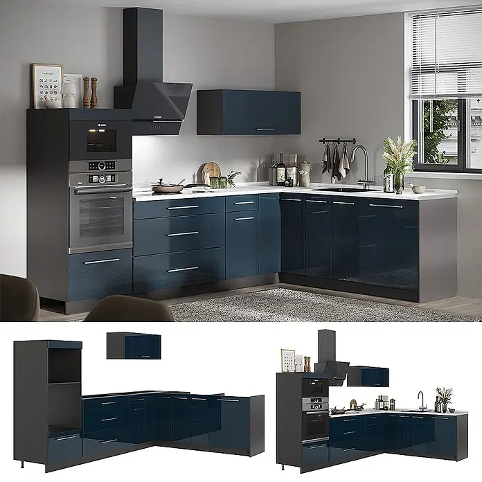 Vicco Eckküche - B x T: 287 x 60 cm, Dunkelblau Hochglanz, Ohne Elektrogeräte - Moderne L-förmige Küche mit glänzenden blauen Schränken, weißer Arbeitsplatte und dunkelgrauem Hochschrank mit integriertem Backofen und Mikrowelle.