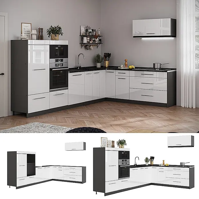 Vicco Eckküche - Weiß Hochglanz, Ohne Elektrogeräte - L-förmige moderne Küche mit hochglänzenden weißen Fronten und dunkelgrauen Elementen, inklusive Backofen, Mikrowelle und Spüle.