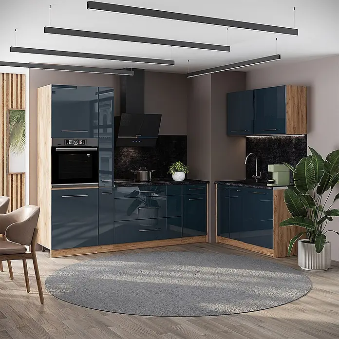 Vicco Eckküche - B x T: 340 x 60 cm, Dunkelblau Hochglanz, Ohne Elektrogeräte - Moderne Küche mit glänzenden dunkelblauen Schränken und hellen Holzakzenten in L-Form.