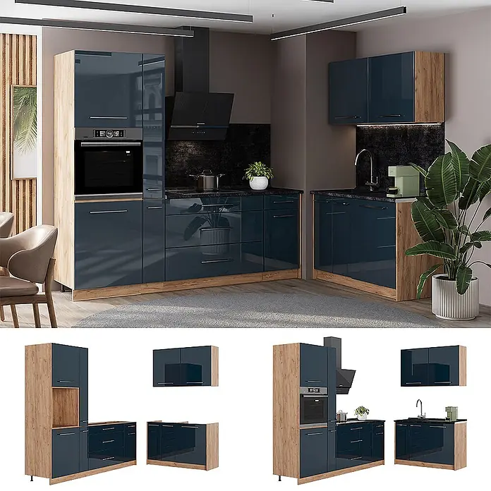 Vicco Eckküche - B x T: 340 x 60 cm, Dunkelblau Hochglanz, Ohne Elektrogeräte - Moderne Küche mit glänzenden dunkelblauen Schränken und hellen Holzakzenten, mit Backofen, Kochfeld und Spüle.