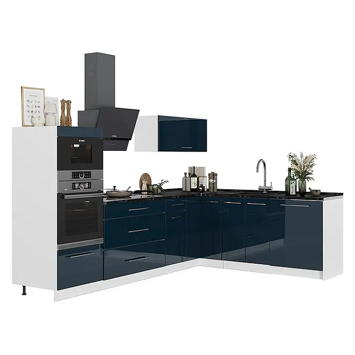 Vicco Eckküche - B x T: 287 x 51,6 cm, Dunkelblau Hochglanz, Ohne Elektrogeräte - Moderne L-förmige Küche mit glänzend dunkelblauen Unterschränken, weißen Seitenwänden, dunkler Arbeitsplatte, integrierten Öfen und Spüle.