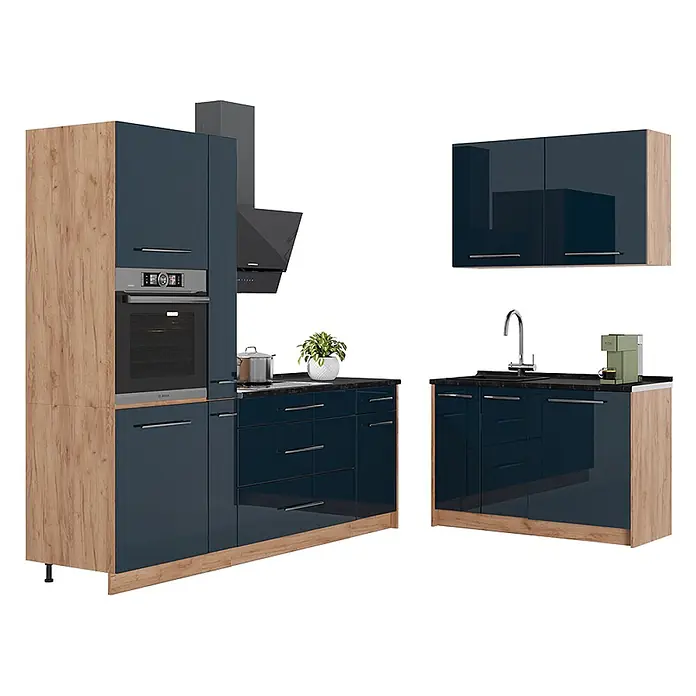Vicco Eckküche - B x T: 340 x 60 cm, Dunkelblau Hochglanz, Ohne Elektrogeräte - Modulküche mit glänzenden dunkelblauen Fronten, Holzoptik-Paneelen, integriertem Backofen und Spüle.