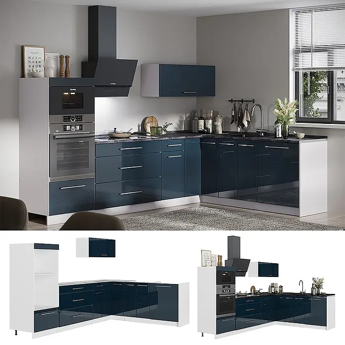 Vicco Eckküche - B x T: 287 x 51,6 cm, Dunkelblau Hochglanz, Ohne Elektrogeräte - Eckküche mit hochglänzenden marineblauen Schränken, weißen Seitenwänden, schwarzer Arbeitsplatte und integrierten Öfen.