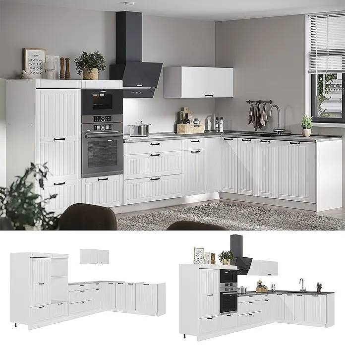 Vicco Küchenzeile - Breite: 340 cm, Weiß Landhaus, Ohne Elektrogeräte - Weiße L-förmige Küche mit strukturierten Schranktüren, dunklen Griffen, Einbaugeräten und dunklen Arbeitsplatten für moderne Wohnungen.