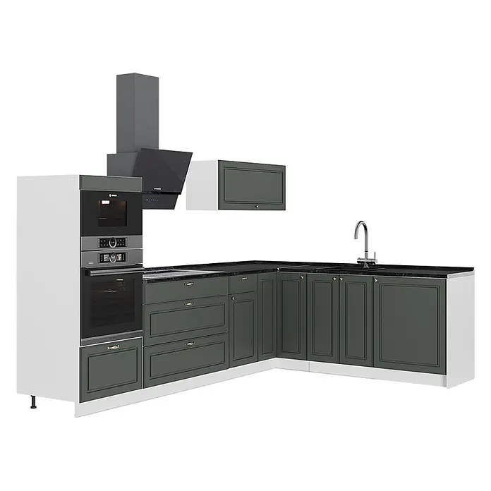 Vicco Eckküche - B x T: 287 x 60 cm, Grün-Gold Landhaus, Ohne Elektrogeräte - Eckküchenzeile mit dunkelgrauen Schränken, schwarzer Arbeitsplatte, integrierten Öfen, Dunstabzugshaube und Spüle.
