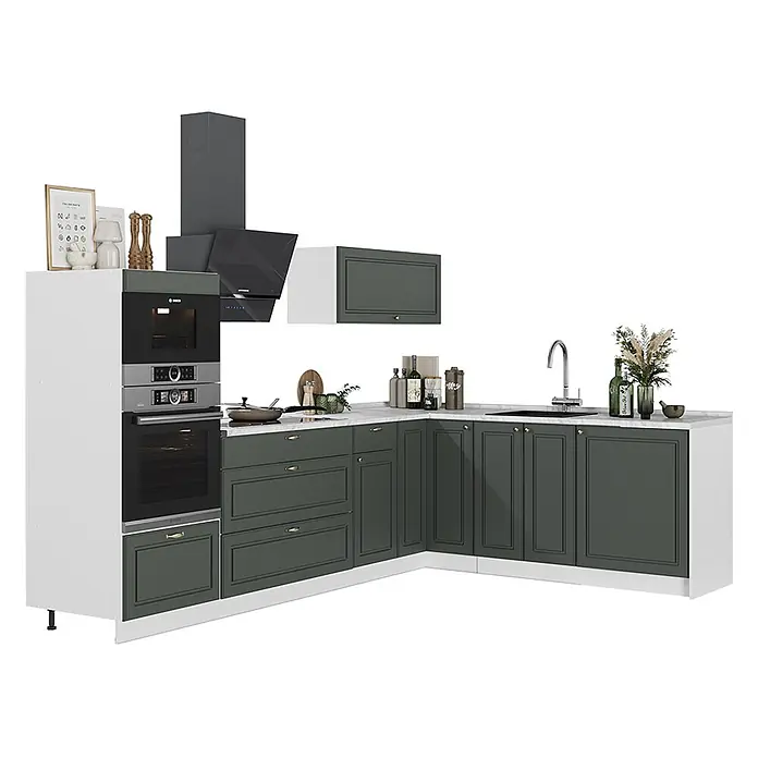 Vicco Eckküche - B x T: 287 x 60 cm, Grün-Gold Landhaus, Ohne Elektrogeräte - L-förmige Küche mit dunkelgrünen Schränken, weißen Arbeitsplatten, integrierten Öfen und Spüle.