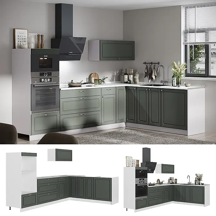 Vicco Eckküche - B x T: 287 x 60 cm, Grün-Gold Landhaus, Ohne Elektrogeräte - L-förmige Küche mit dunkel- und hellgrünen Schränken, weißen Arbeitsplatten, integrierten Öfen und Dunstabzugshaube.