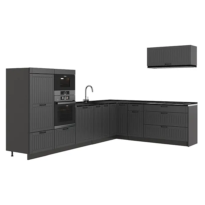 Vicco Eckküche - B x T: 327 x 60 cm, Dunkelgrau, Ohne Elektrogeräte - Dunkelgraue L-förmige Küche mit gerillten Schrankfronten, integriertem Backofen, Mikrowelle und Spüle, plus passendem Oberschrank.