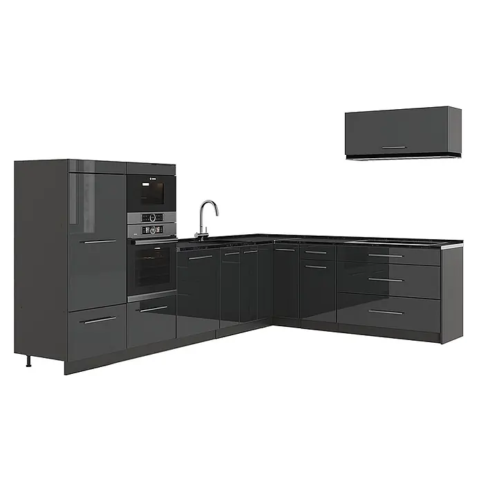 Vicco Eckküche - B x T: 327 x 51,6 cm, Anthrazit Hochglanz, Ohne Elektrogeräte - L-förmige, dunkelgraue Hochglanz-Küchenzeile mit integrierten Bosch-Geräten, Spüle und Hängeschrank.