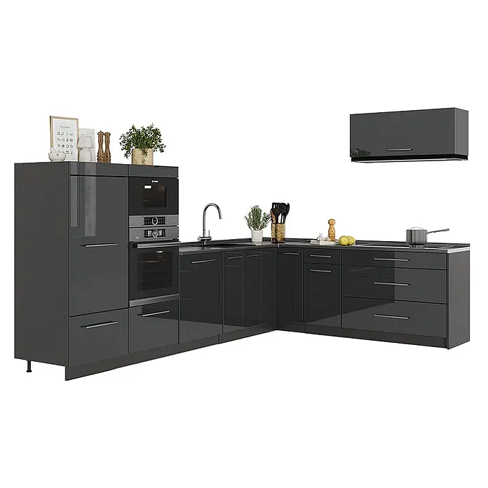 Vicco Eckküche - B x T: 327 x 51,6 cm, Anthrazit Hochglanz, Ohne Elektrogeräte - Moderne, dunkelgraue Hochglanz-Modulküche mit integrierten Geräten, Spüle und Dunstabzugshaube, L-förmig angeordnet.
