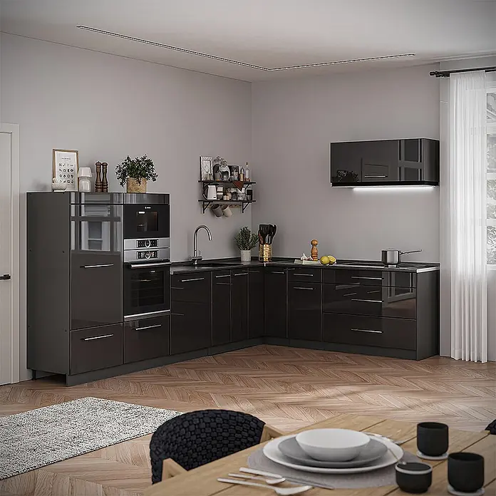 Vicco Eckküche - B x T: 327 x 51,6 cm, Anthrazit Hochglanz, Ohne Elektrogeräte - Moderne L-förmige Küche mit glänzend dunkelgrauen Schränken, integriertem Backofen und Spüle.