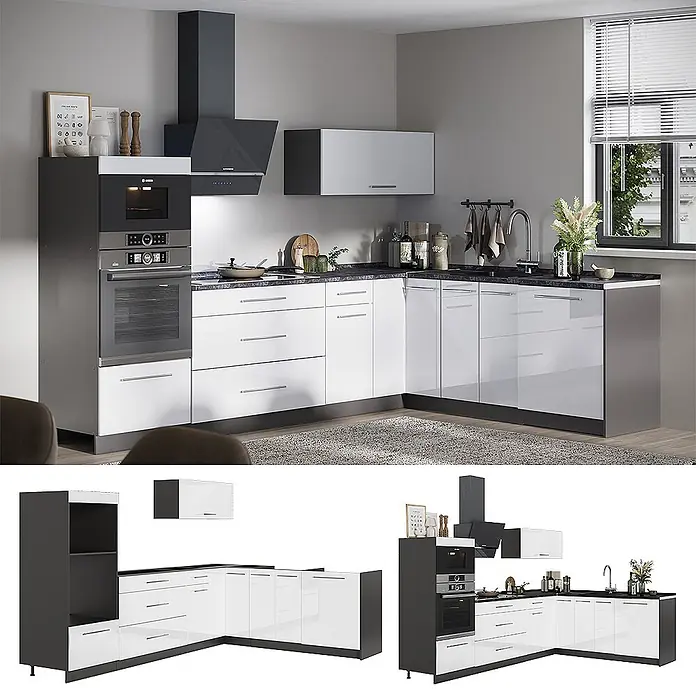 Vicco Eckküche - B x T: 287 x 60 cm, Weiß Hochglanz, Ohne Elektrogeräte - Moderne L-förmige Küche mit dunkelgrauen und weißen Hochglanzschränken, integriertem Backofen und schwarzer Arbeitsplatte.