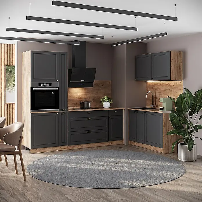 Vicco Eckküche - B x T: 220 x 60 cm, Anthrazit-Gold Landhaus, Ohne Elektrogeräte - Moderne L-förmige Küche mit dunkelgrauen Schränken und hellen Holz-Arbeitsplatten in zeitgemäßem Ambiente.