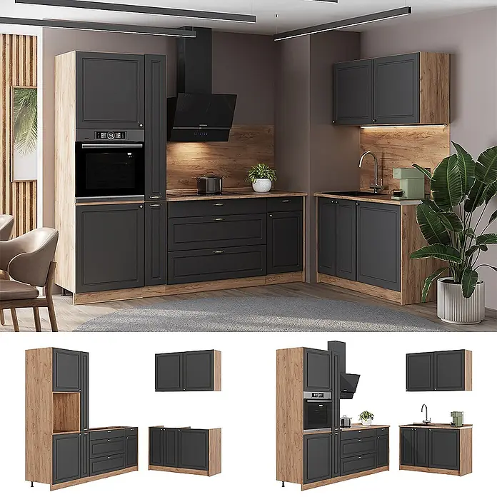 Vicco Eckküche - B x T: 220 x 60 cm, Anthrazit-Gold Landhaus, Ohne Elektrogeräte - Moderne modulare Küche mit dunkelgrauen Schränken und Holzoptik-Paneelen, inkl. Backofen, Herd, Dunstabzug und Spüle.