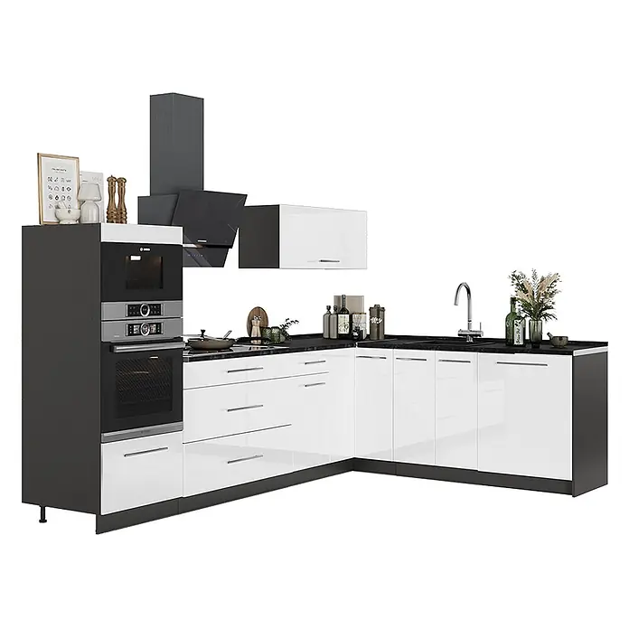 Vicco Eckküche - B x T: 287 x 60 cm, Weiß Hochglanz, Ohne Elektrogeräte - Moderne L-förmige Küche mit weißen Hochglanzschränken, schwarzer Arbeitsplatte, integriertem Backofen, Mikrowelle, Kochfeld und Spüle.