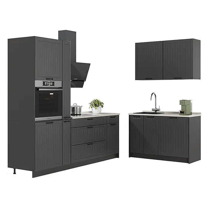 Vicco Eckküche - B x T: 220 x 51,6 cm, Dunkelgrau, Ohne Elektrogeräte - Dunkelgraue Küchenschränke mit gerippten Türen und Schubladen, bestehend aus Hochschrank mit Backofen, Unterschränken mit Spüle und Schubladen sowie Hängeschränken.