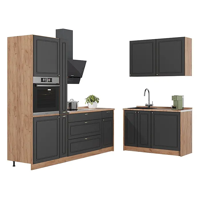 Vicco Eckküche - B x T: 220 x 60 cm, Anthrazit-Gold Landhaus, Ohne Elektrogeräte - Moderne Küchenschränke in Dunkelgrau und Holzmaserung mit integriertem Backofen, Kochfeld, Spüle und Dunstabzugshaube.