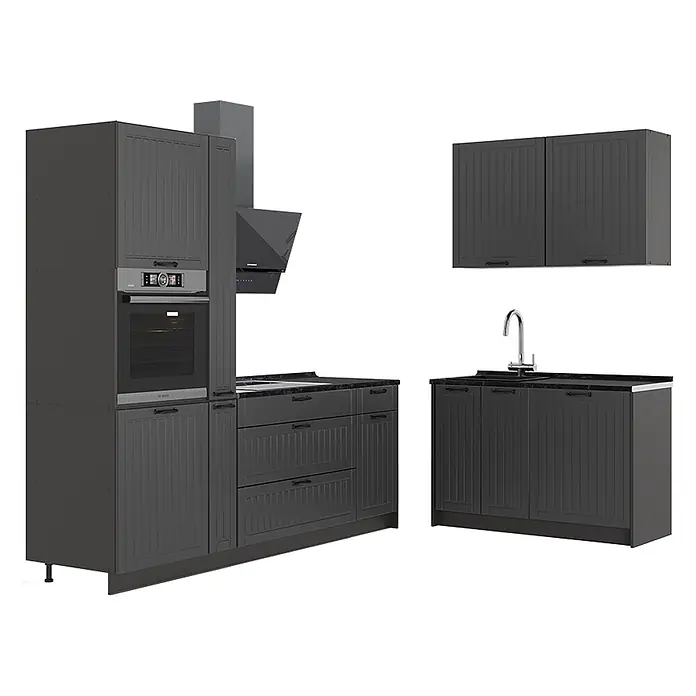 Vicco Eckküche - B x T: 220 x 51,6 cm, Dunkelgrau, Ohne Elektrogeräte - Dunkelgraue modulare Küchenschränke mit gerippten Türen, integriertem Ofen, Spüle und Dunstabzugshaube.