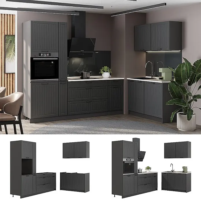 Vicco Eckküche - B x T: 220 x 51,6 cm, Dunkelgrau, Ohne Elektrogeräte - Moderne dunkelgraue Küchenzeile mit gerippten Türen und hellen Arbeitsplatten, integrierten Geräten, L-förmig.
