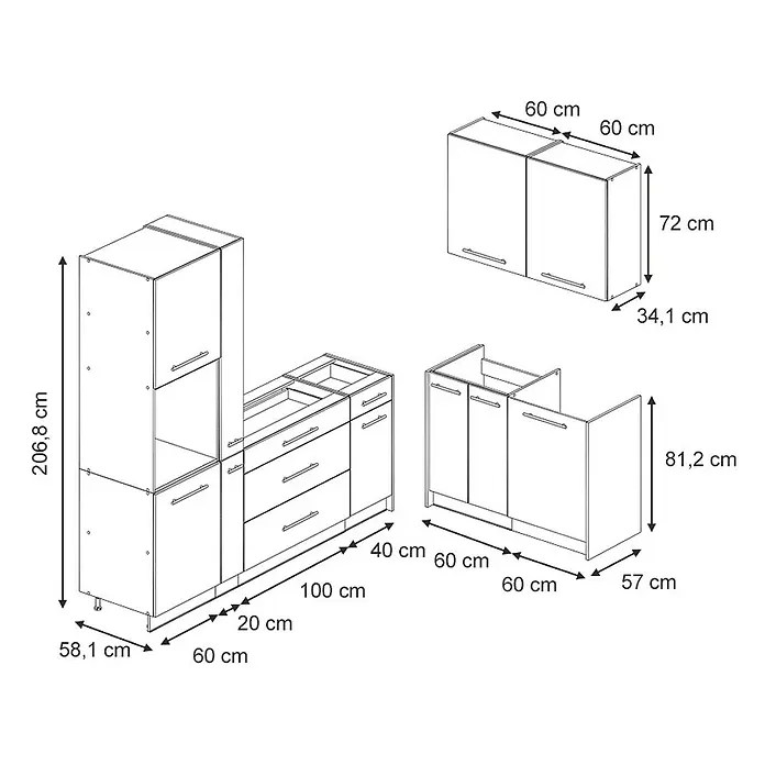 Vicco Eckküche - Goldkraft Eiche, Ohne Elektrogeräte - Detaillierte technische Zeichnung modularer Küchenschränke mit Maßen, inklusive Unter-, Hoch- und Oberschränken.