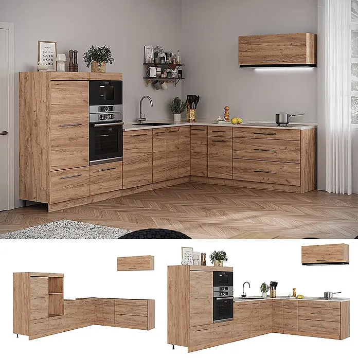 Vicco Eckküche - Goldkraft Eiche, Ohne Elektrogeräte - L-förmige Küchenzeile aus hellem Holz mit integriertem Backofen, Mikrowelle, Spüle und Hängeschrank.