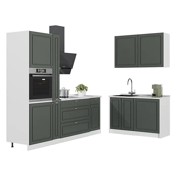 Vicco Eckküche - B x T: 220 x 60 cm, Grün-Gold Landhaus, Ohne Elektrogeräte - Dunkelgrüne und weiße Küchenmöbel mit Kassettentüren, integriertem Ofen, Kochfeld, Spüle und Dunstabzugshaube.