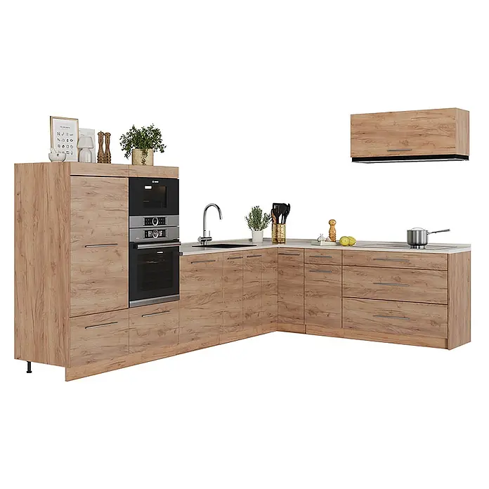 Vicco Eckküche - Goldkraft Eiche, Ohne Elektrogeräte - Moderne Eckküche mit Holzoptik-Schränken, heller Arbeitsplatte, integriertem Backofen, Mikrowelle und Spüle. Inklusive Hängeschrank.