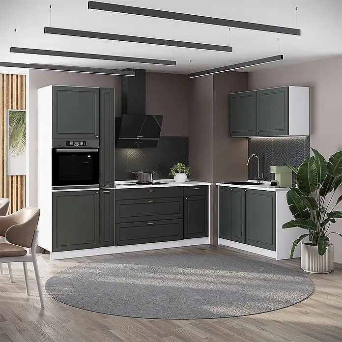 Vicco Eckküche - B x T: 220 x 60 cm, Grün-Gold Landhaus, Ohne Elektrogeräte - Moderne dunkelgrüne Küchenmöbel mit weißen Arbeitsplatten, integriertem Ofen und Spüle, in einem zeitgenössischen Raum.