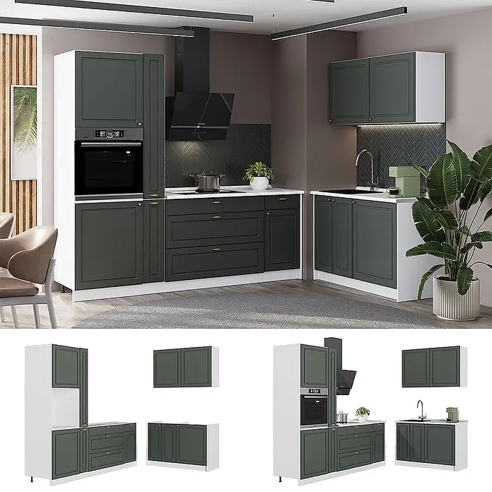 Vicco Eckküche - B x T: 220 x 60 cm, Grün-Gold Landhaus, Ohne Elektrogeräte - Moderne dunkelgrüne und weiße Küchenschränke mit integrierten Geräten in einer kompletten Kücheneinrichtung.