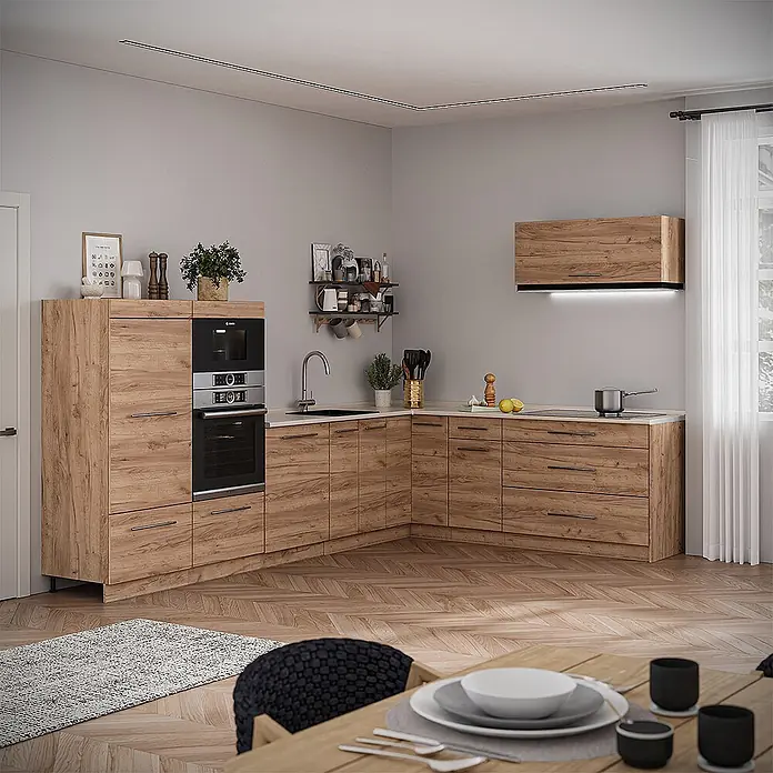 Vicco Eckküche - Goldkraft Eiche, Ohne Elektrogeräte - Moderne L-förmige Küche mit Holzoptik-Fronten und integrierten Geräten in einem warmen Wohnambiente.