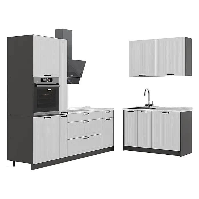 Vicco Eckküche - B x T: 220 x 60 cm, Weiß Landhaus, Ohne Elektrogeräte - Modulare weiße Küche mit Lamellentüren, dunklen Rahmen, schwarzen Griffen, integriertem Backofen, Kochfeld, Spüle und Schränken.
