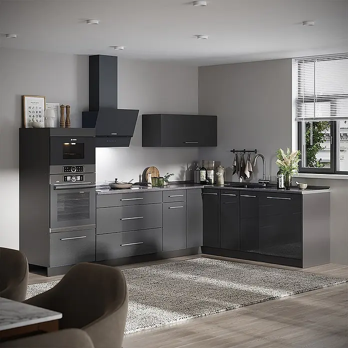 Vicco Eckküche - B x T: 287 x 51,6 cm, Anthrazit Hochglanz, Ohne Elektrogeräte - Moderne dunkelgraue Küche mit L-förmigem Grundriss, integrierten Geräten und glänzenden Fronten.