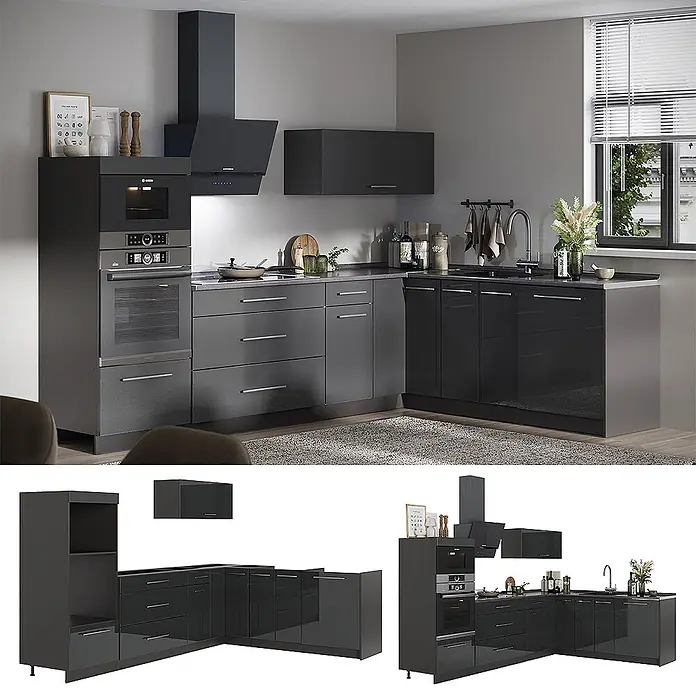 Vicco Eckküche - B x T: 287 x 51,6 cm, Anthrazit Hochglanz, Ohne Elektrogeräte - L-förmige dunkelgraue Küche mit Hochglanzfronten, integriertem Backofen, Mikrowelle, Kochfeld und Spüle in modernem Raum.